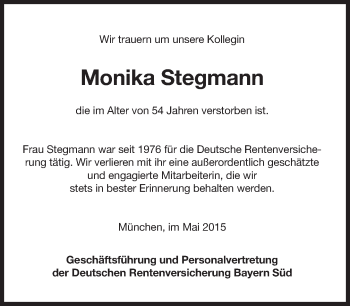 Traueranzeige von Monika Stegmann von Süddeutsche Zeitung