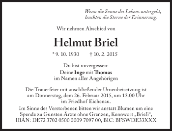 Traueranzeige von Helmut Briel von Süddeutsche Zeitung