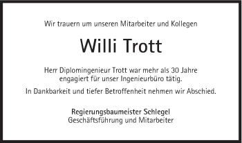 Traueranzeige von Willi Trott von Süddeutsche Zeitung