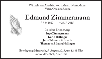 Traueranzeige von Edmund Zimmermann von Süddeutsche Zeitung