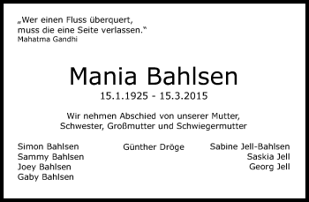 Traueranzeige von Mania Bahlsen von Süddeutsche Zeitung