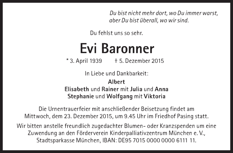  Traueranzeige für Evi Baronner vom 19.12.2015 aus Süddeutsche Zeitung