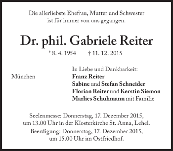 Traueranzeige von Gabriele Reiter von Süddeutsche Zeitung