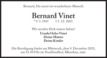 Traueranzeige von Bernard Vinet von Süddeutsche Zeitung