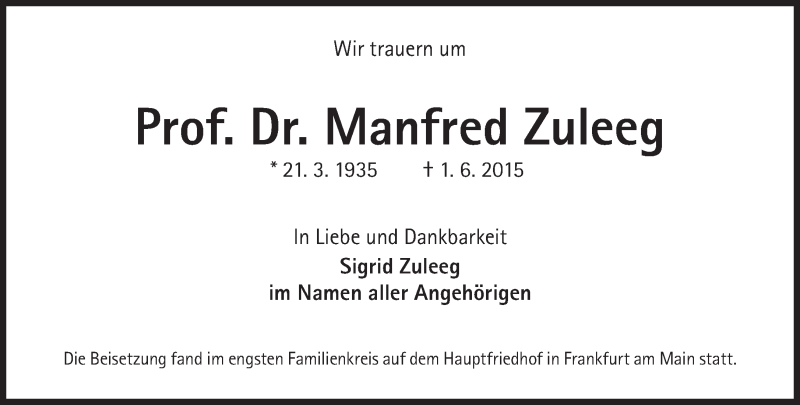  Traueranzeige für Manfred Zuleeg vom 20.06.2015 aus Süddeutsche Zeitung