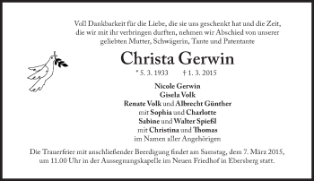 Traueranzeige von Christa Gerwin von Süddeutsche Zeitung