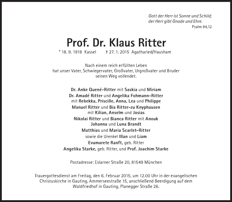  Traueranzeige für Klaus Ritter vom 31.01.2015 aus Süddeutsche Zeitung