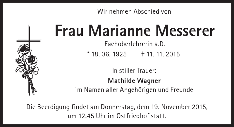  Traueranzeige für Marianne Messerer vom 14.11.2015 aus Süddeutsche Zeitung