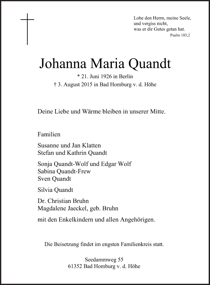  Traueranzeige für Johanna Maria Quandt  vom 06.08.2015 aus Süddeutsche Zeitung