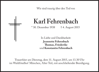 Traueranzeige von Karl Fehrenbach von Süddeutsche Zeitung
