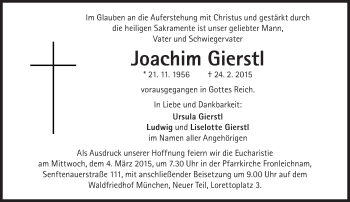 Traueranzeige von Joachim Gierstl von Süddeutsche Zeitung