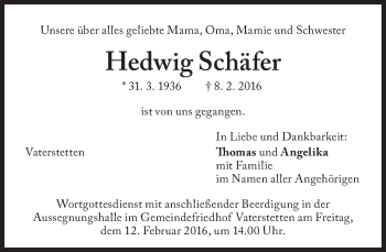 Traueranzeige von Hedwig Schäfer von Süddeutsche Zeitung