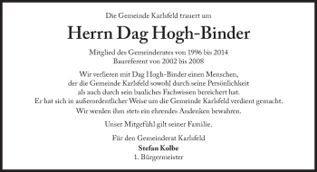Traueranzeige von Dag Hogh-Binder von Süddeutsche Zeitung