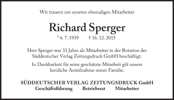 Traueranzeige von Richard Sperger von Süddeutsche Zeitung