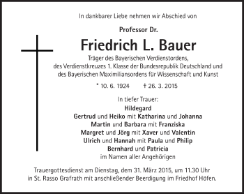 Traueranzeige von Friedrich L. Bauer von Süddeutsche Zeitung