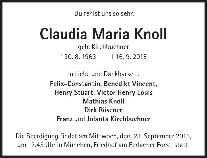  Traueranzeige für Claudia Maria Knoll  vom 19.09.2015 aus Süddeutsche Zeitung
