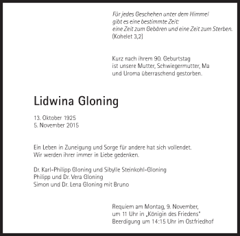 Traueranzeige von Lidwina Gloning von Süddeutsche Zeitung