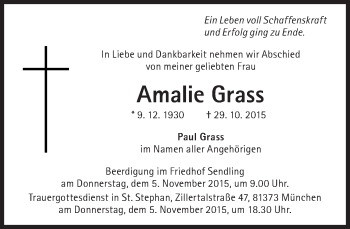 Traueranzeige von Amalie Grass von Süddeutsche Zeitung