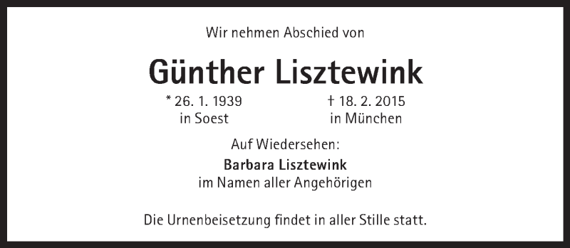  Traueranzeige für Günther Lisztewink vom 21.02.2015 aus Süddeutsche Zeitung