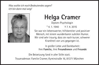 Traueranzeige von Helga Cramer von Süddeutsche Zeitung