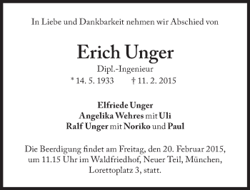 Traueranzeige von Erich Unger von Süddeutsche Zeitung