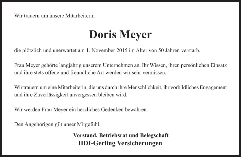  Traueranzeige für Doris Meyer vom 12.11.2015 aus Süddeutsche Zeitung