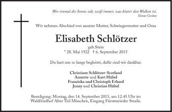 Traueranzeige von Elisabeth Schlötzer von Süddeutsche Zeitung