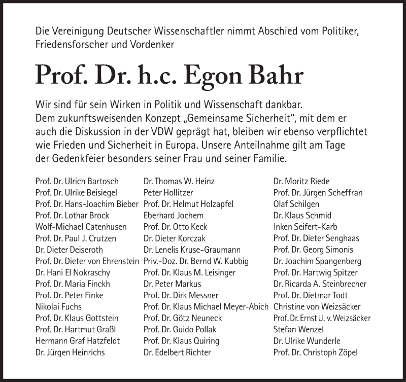  Traueranzeige für Egon Bahr vom 17.09.2015 aus Süddeutsche Zeitung