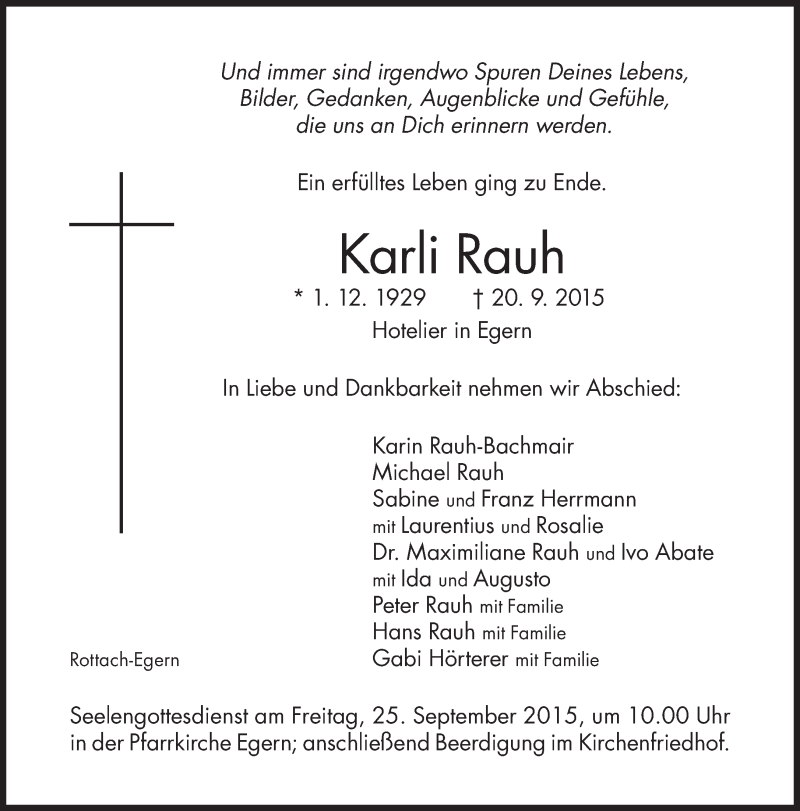  Traueranzeige für Karli Rauh vom 22.09.2015 aus Süddeutsche Zeitung