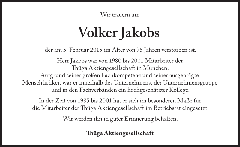  Traueranzeige für Volker Jakobs vom 12.02.2015 aus Süddeutsche Zeitung