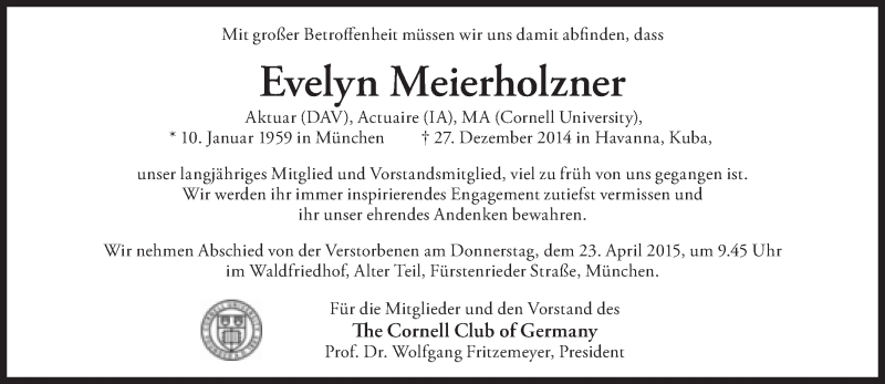  Traueranzeige für Evelyn Meierholzner vom 15.04.2015 aus Süddeutsche Zeitung