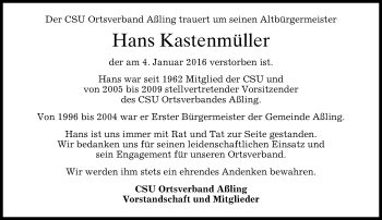 Traueranzeige von Hans Kastenmüller von Süddeutsche Zeitung