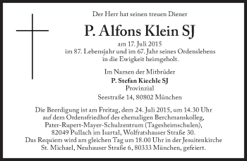 Traueranzeige von P. Alfons  Klein  von Süddeutsche Zeitung
