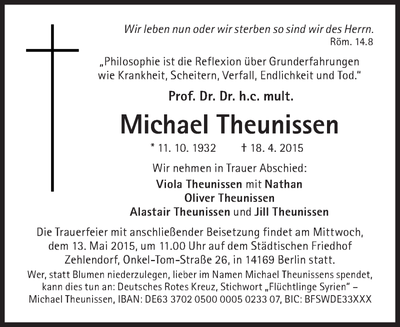  Traueranzeige für Michael Theunissen vom 02.05.2015 aus Süddeutsche Zeitung
