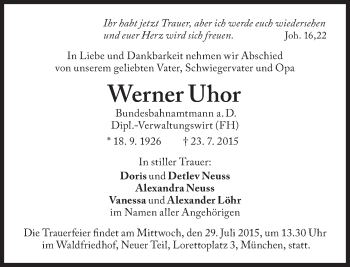 Traueranzeige von Werner Uhor von Süddeutsche Zeitung