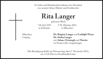 Traueranzeige von Rita Langer von Süddeutsche Zeitung