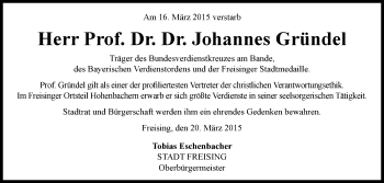Traueranzeige von Prof. Dr. theol. Johannes Gründel von Süddeutsche Zeitung