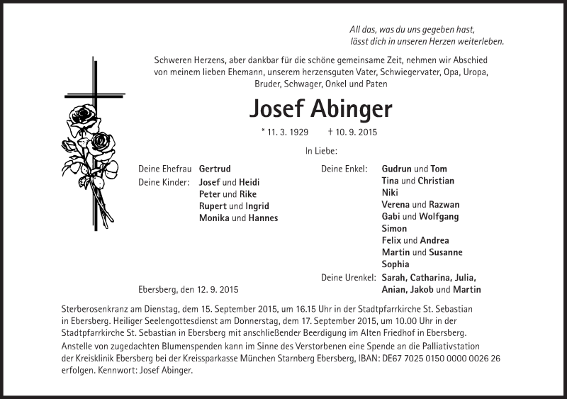  Traueranzeige für Josef Abinger vom 12.09.2015 aus Süddeutsche Zeitung