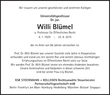 Traueranzeige von Willi Blümel von Süddeutsche Zeitung