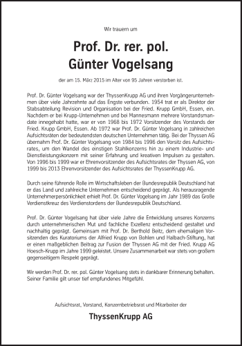 Traueranzeige von Günter Vogelsang von Süddeutsche Zeitung