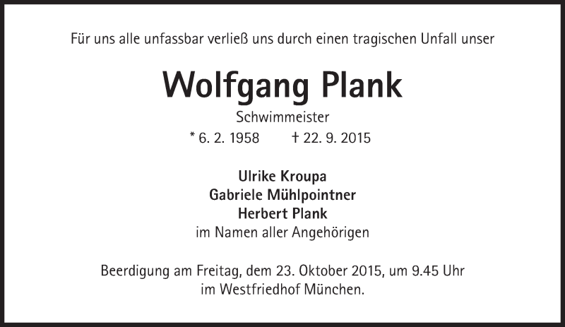  Traueranzeige für Wolfgang Plank vom 17.10.2015 aus Süddeutsche Zeitung
