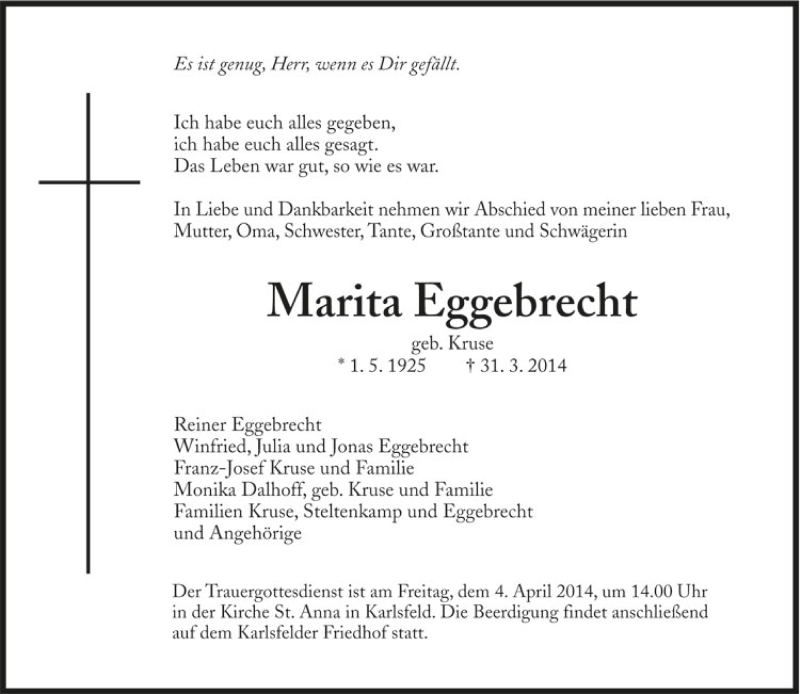  Traueranzeige für Marita Eggebrecht vom 02.04.2014 aus SZ Trauer
