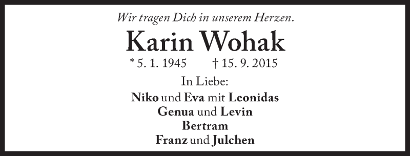  Traueranzeige für Karin Wohak vom 15.10.2015 aus Süddeutsche Zeitung