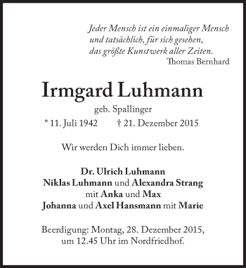 Traueranzeige von Irmgard Luhmann von Süddeutsche Zeitung