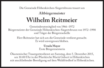 Traueranzeige von Wilhelm Reitmeier von Süddeutsche Zeitung