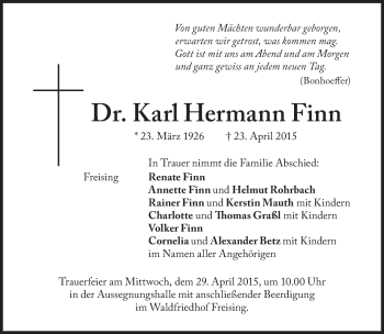 Traueranzeige von Karl Hermann Finn von Süddeutsche Zeitung