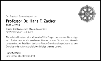 Traueranzeige von Hans F. Zacher von Süddeutsche Zeitung