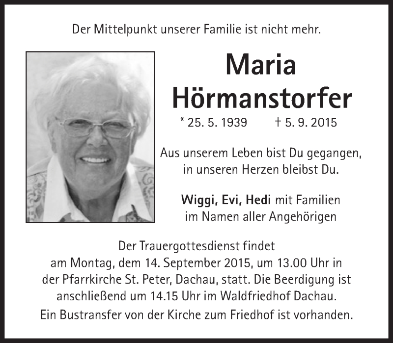  Traueranzeige für Maria Hörmanstorfer vom 12.09.2015 aus Süddeutsche Zeitung