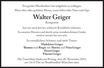 Traueranzeige von Walter Geiger von Süddeutsche Zeitung