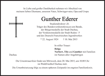 Traueranzeige von Gunther Ederer von Süddeutsche Zeitung